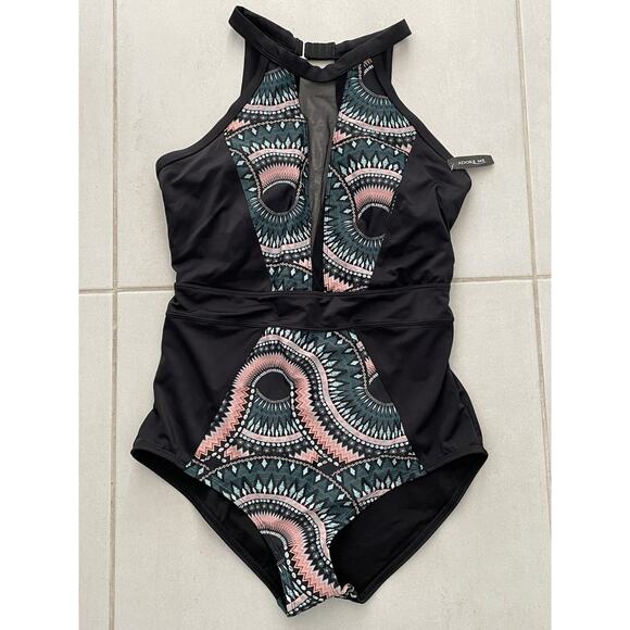 Adore Me Swim One Piece Swimsuit Colorblock Print Mesh Swimwear - Picture 1 of 7